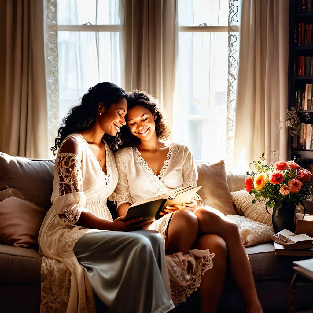 A warm, intimate scene of two women sharing a tender moment in a cozy, softly lit room filled with flowers and art. They are smiling and laughing while sitting on a plush sofa, surrounded by books on love and relationships. The atmosphere conveys love, trust, and connection, with gentle light filtering through lace curtains. Emphasize warm color tones and intimate details, showcasing the beauty of female intimacy. super-realistic. vibrant colors. soft lighting.