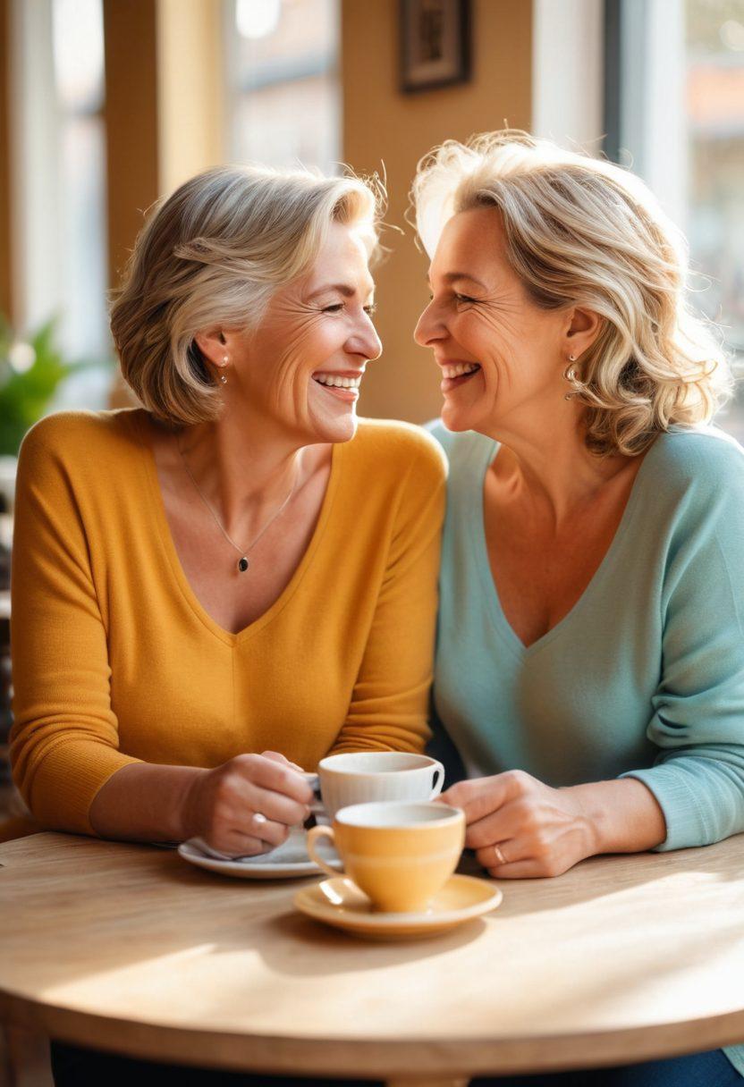 A warm and inviting scene featuring two mature women sitting closely together, sharing a laugh over coffee in a cozy café. Their expressions are joyful and intimate, surrounded by soft pastel colors that evoke a sense of warmth and connection. Include subtle elements like a heart-shaped decoration on the table and a gentle sunlight streaming through the window, casting a golden hue. vibrant colors. soft focus. romantic atmosphere.