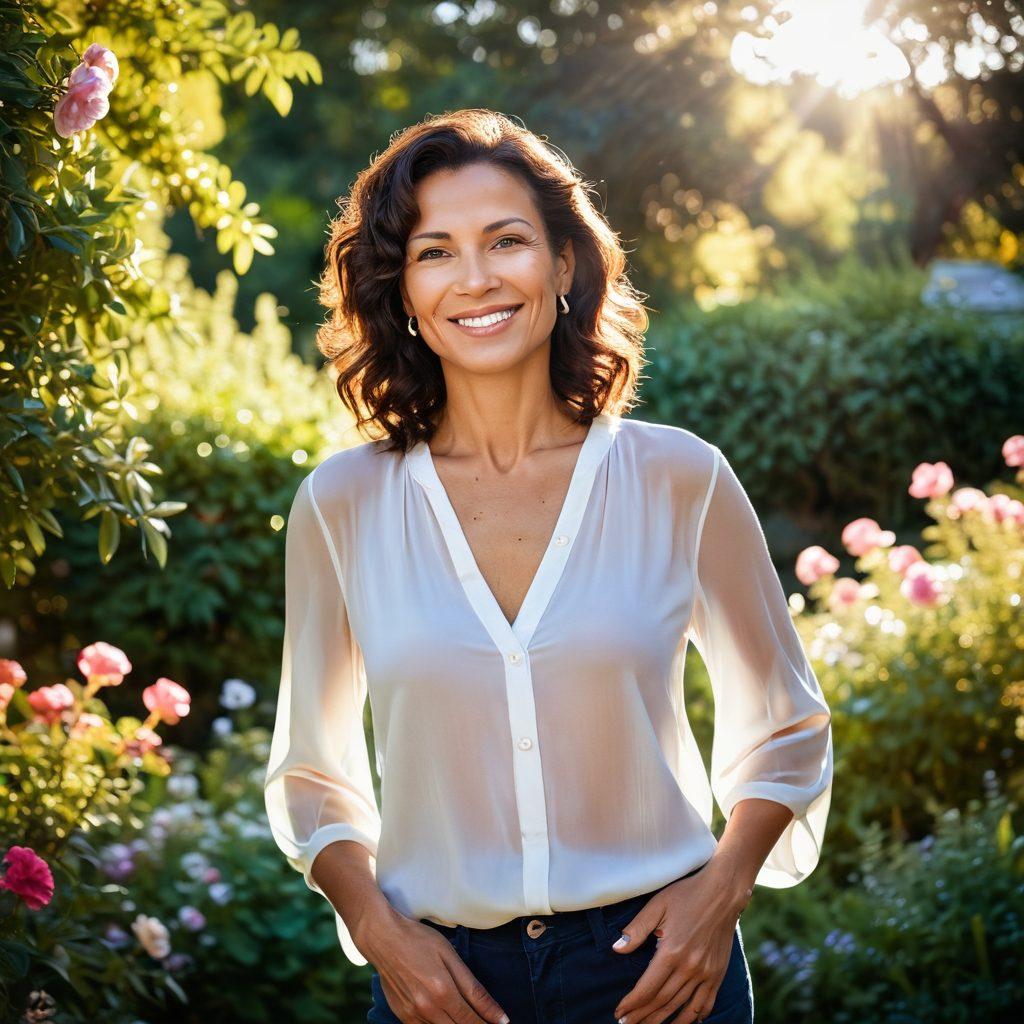 A confident mature woman standing in a sunlit garden, embracing her sensuality with a playful smile, surrounded by blooming flowers symbolizing love and empowerment. In the background, soft silhouettes of diverse women engaging in joyful connections, representing unity and strength. The colors are warm and inviting, with a hint of golden light creating an ethereal glow. super-realistic. vibrant colors. soft bokeh effect.